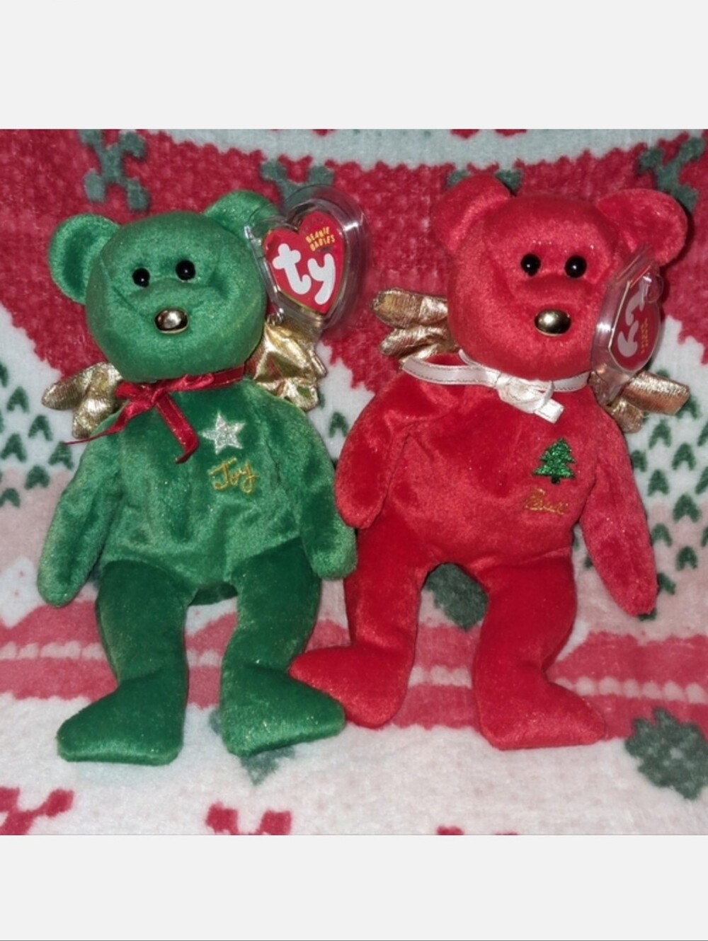 Set TY Beanie Babies Angel Christmas Gift Joy Green Bear Peace Red Bear NWT